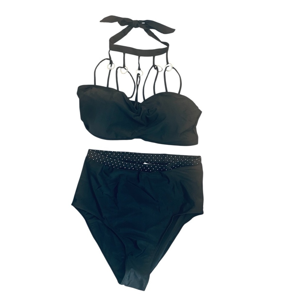 Strappy Black Halter High Thigh Bikini Set Gold Rings Womens Large